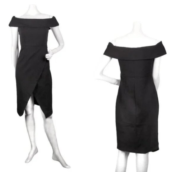 Runaway Heart Asymmetrical Dress Off Shoulder Front Slit Black LBD Knee Length - Picture 1 of 8